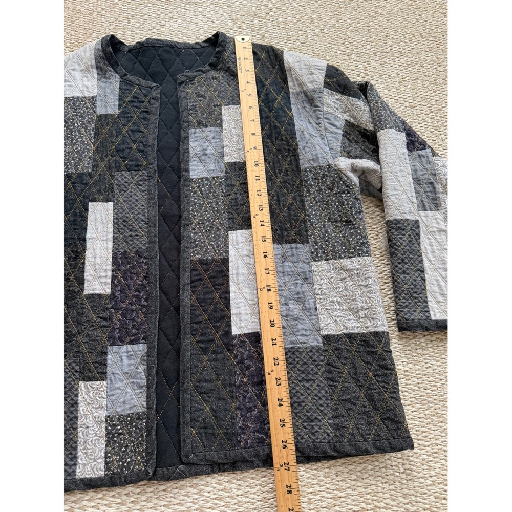 Handmade Quilted Patchwork Jacket Open Front Cardigan Black Grey Boho XL - Picture 5 of 7